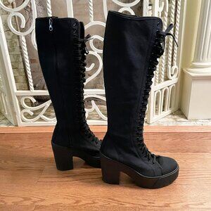 Vintage Bakers Knee High Black Canvas Lace Up Platform Heeled Boots size 7 1/2